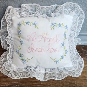 Embroidered Baby Pillow An Angel Sleeps Here Blue Flowers Green Pink Yellow Halo